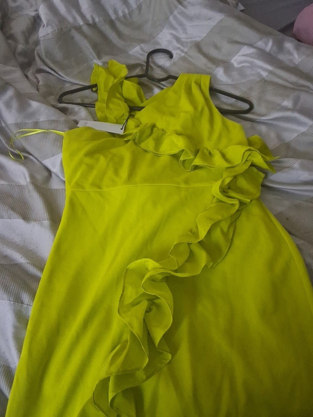 Neon Yellow One-Shoulder Ruffle Dress